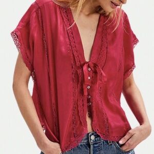 BOHO SATIN LACE TRIM TOP IN WINE SIZE S